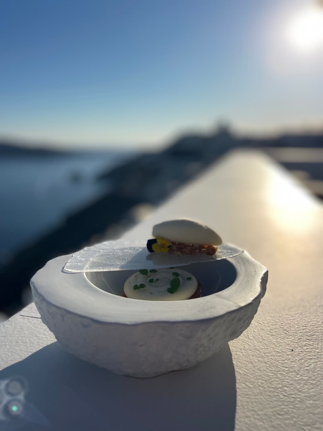 Haute Pâtisserie at Saint Sky Bar — the sunset sky bar above the caldera in Oia, Santorini